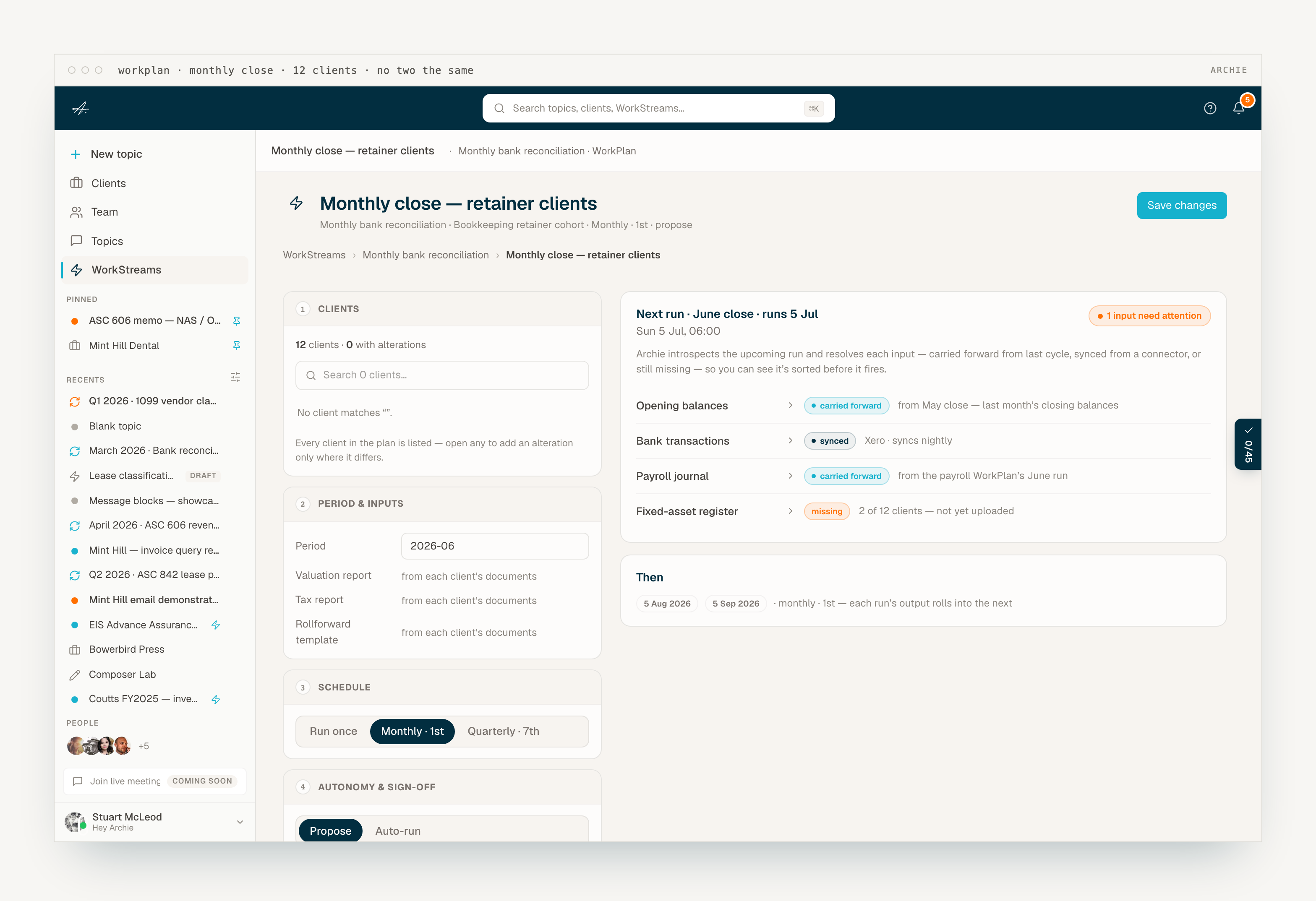 A tax WorkPlan running across forty-one clients, showing carried-forward, synced and missing inputs per return
