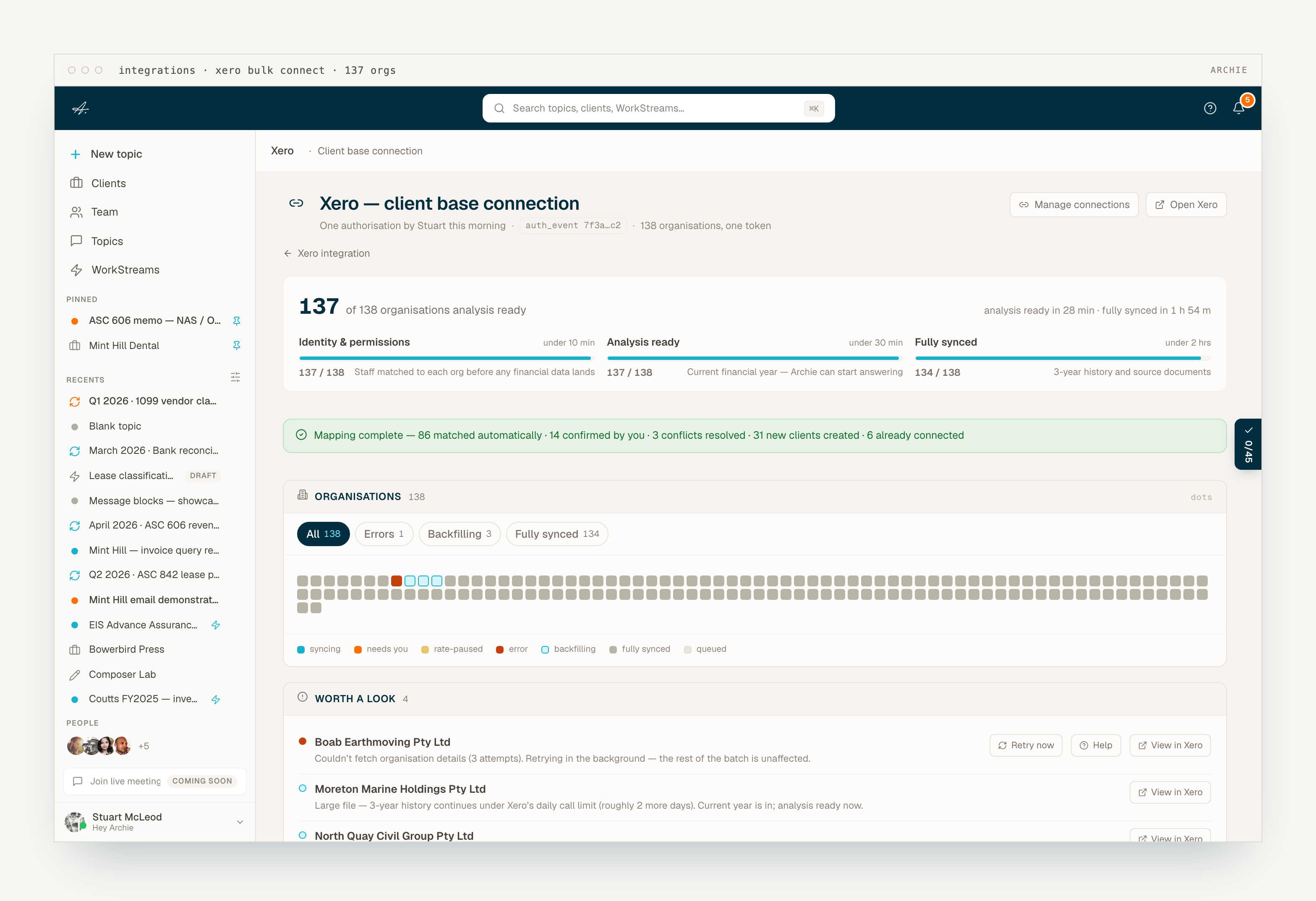 Bulk connecting 137 of 138 client organisations in Xero at once