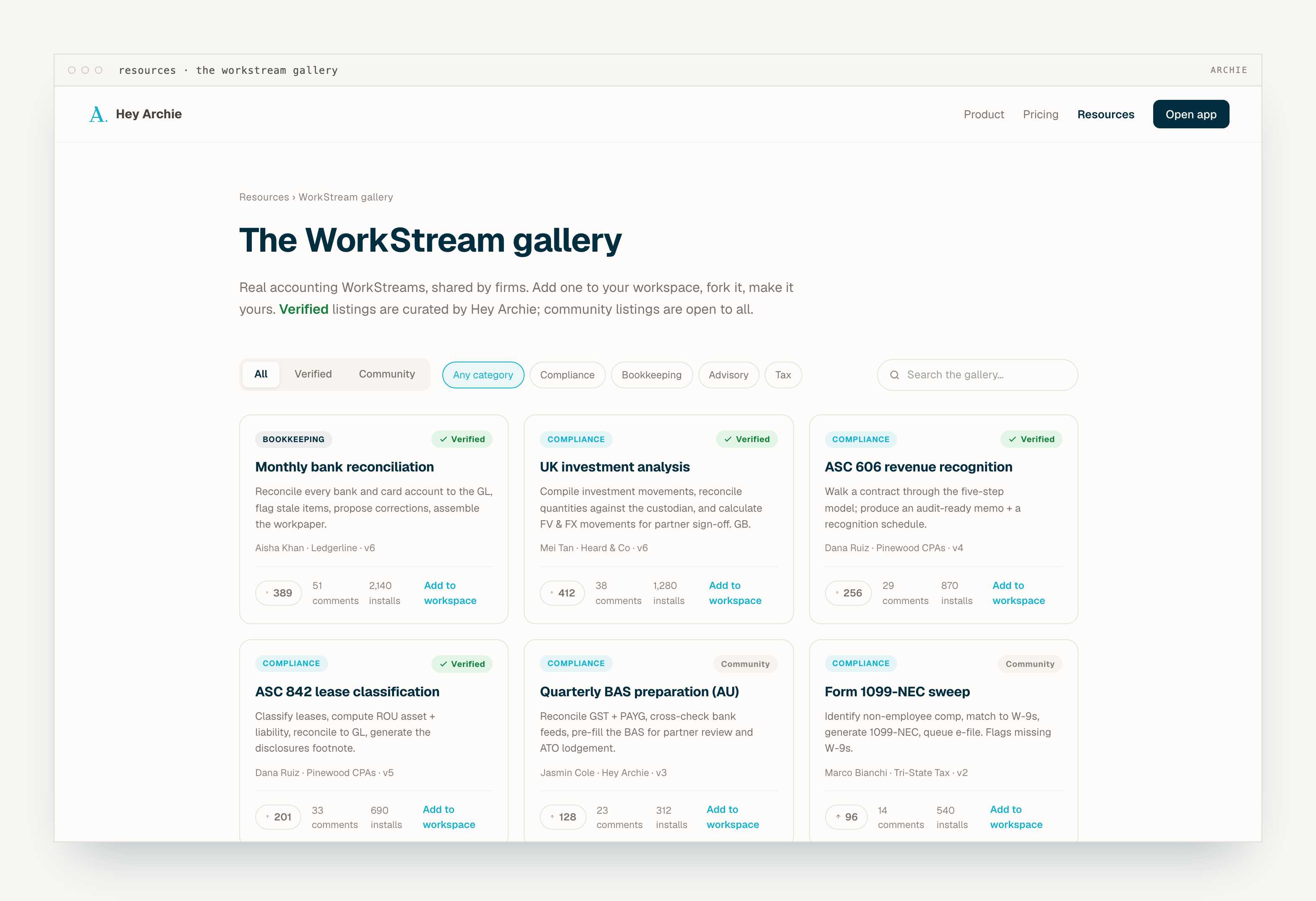 The WorkStream gallery — real accounting WorkStreams shared by firms, verified and community